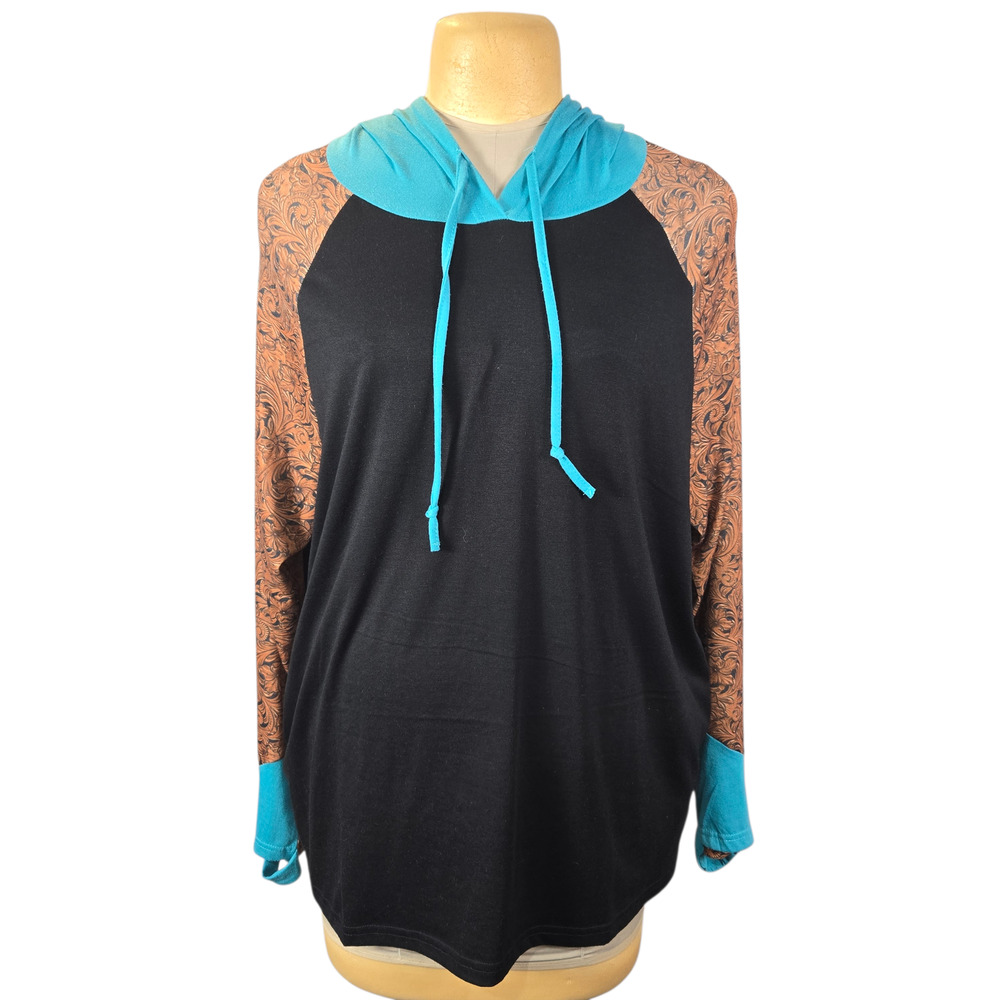 Crazy Train Women's 3XL Hoodie Black Teal Floral Paisley Raglan‎ Western Boho